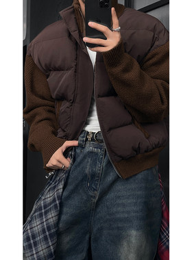 龙叨叨冬季新品美式休闲设计感针织拼接棉服男保暖百搭棉衣外套