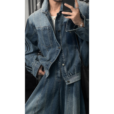 龙叨叨2026春季新品美式复古波浪线编织翻领夹克宽松阔腿裤套装