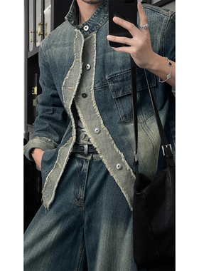 龙叨叨2026春季新品小众美式复古做旧牛仔套装男休闲痞帅夹克长裤