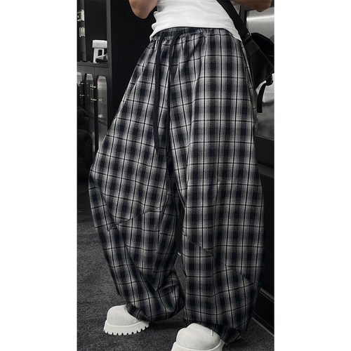 龙叨叨2026春季新品美式复古慵懒风格子裤男宽松休闲百搭弯刀长裤