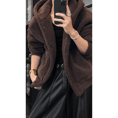 龙叨叨秋冬新品慵懒感美式复古羊羔绒连帽外套宽松休闲百搭外套男