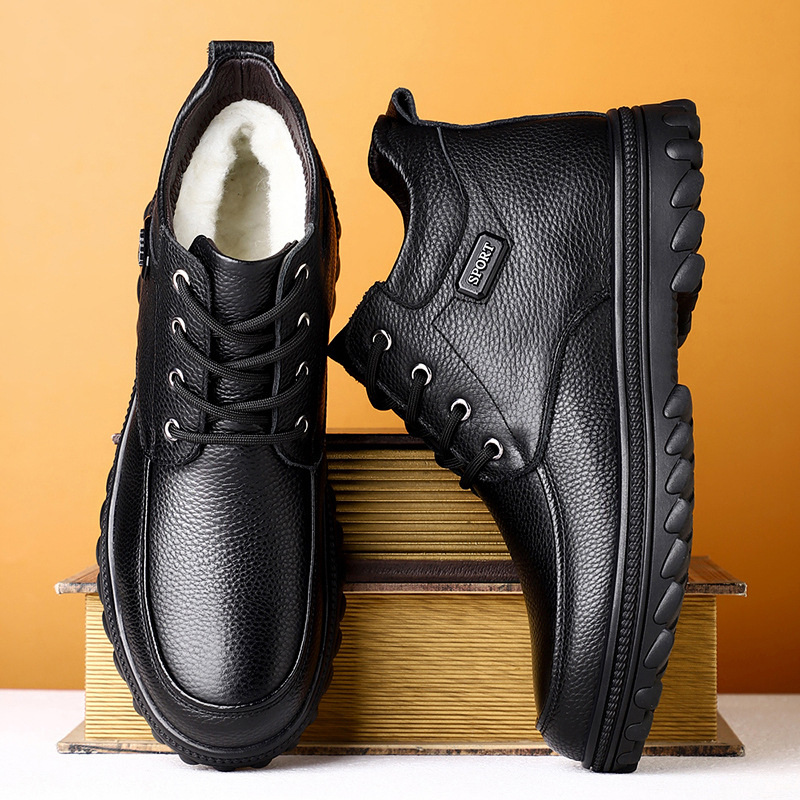 头层牛皮羊毛流行男鞋高帮棉鞋中老年爸爸保暖加绒加厚防滑