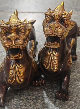 古董文玩纯铜鎏金一对貔貅摆件招财客厅办公室复古摆设老物件