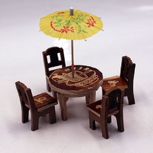 仿真木质小圆桌套装微型儿童小椅子绣花伞迷你过家家玩具模型摆件