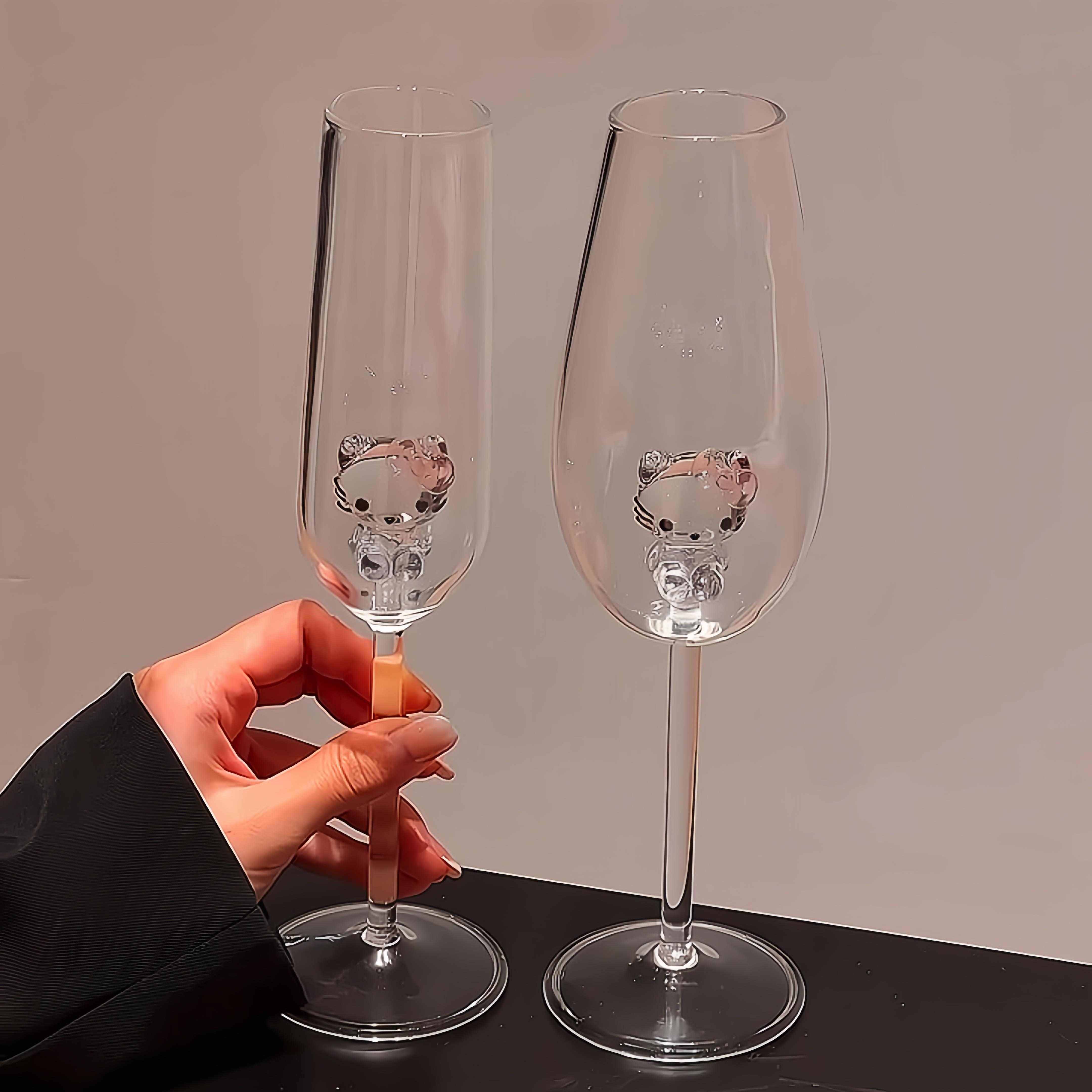 3D立体Kitty香槟杯透明玻璃高脚杯订婚敬酒杯红酒杯结婚新婚礼物