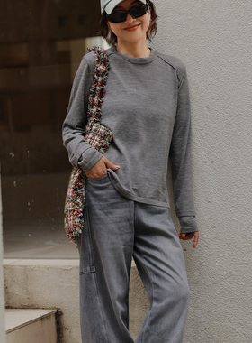 ise“长期主义”铁灰色基础款绵羊毛圆领长袖打底针织衫K2540825W