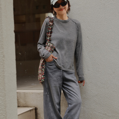 ise“长期主义”铁灰色基础款绵羊毛圆领长袖打底针织衫K2540825W