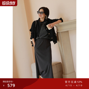 ise“chill 通勤”系列炭灰色针织条纹肌理松紧腰长半裙K2530513