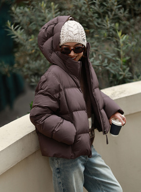ise“时髦被子”紫咖色连帽保暖宽松廓形面包羽绒服P2541217