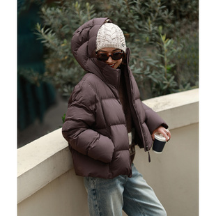 ise“时髦被子”紫咖色连帽保暖宽松廓形面包羽绒服P2541217