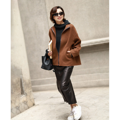 ise“精致主义”咖色重磅羊毛羊绒立领拉链宽松大衣外套P2540308