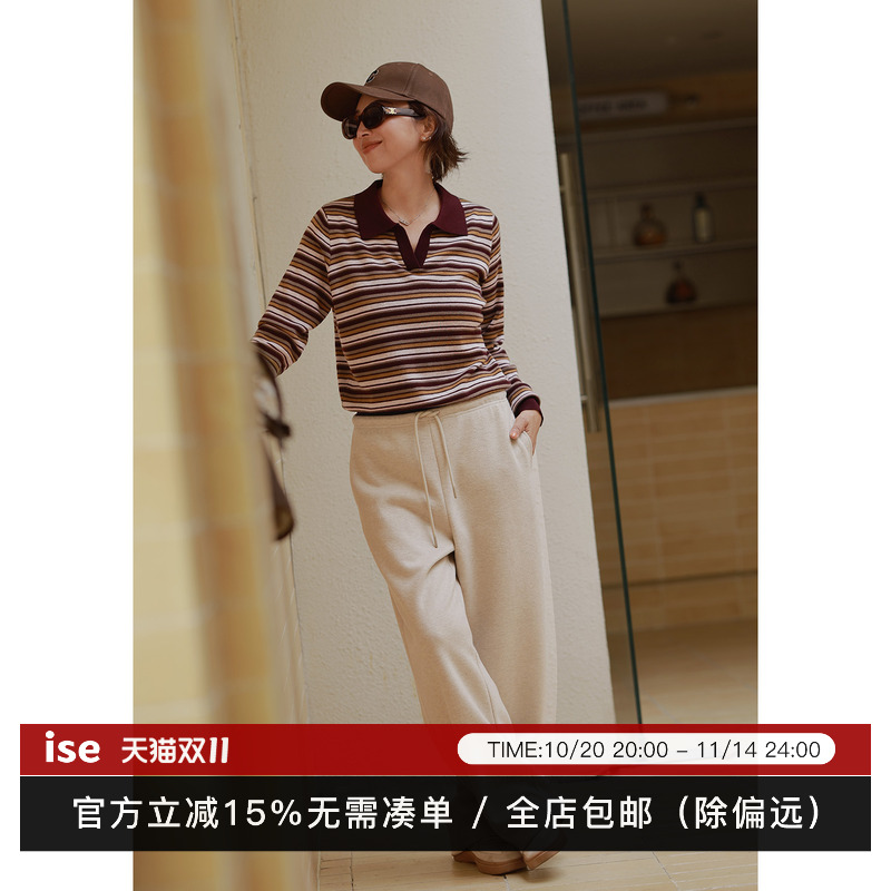 ise“miu系”学院风条纹绵羊毛polo翻领针织毛衣K2540818W