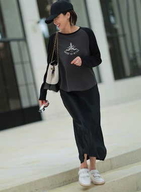 ise“基础之上”针织插肩袖黑灰色复古图案长袖打底T恤K2540903