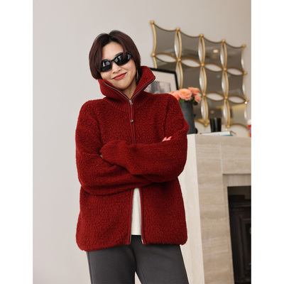 ise“马上红”新年系列100%绵羊毛拉链翻领保暖毛衣外套K2540894W
