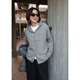 ise“精致锁温”浅灰色羊毛羊绒连帽针织开衫毛衣K2540870W