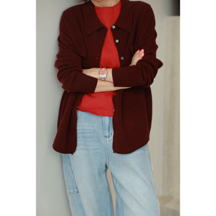 ise“精致生活”100%绵羊毛翻领安哥拉红针织毛衣开衫K2540866W