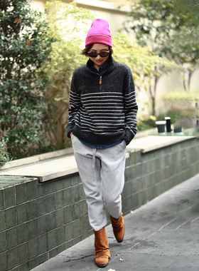 ise“繁花”100%绵羊毛彩点纱条纹拉链半高领毛衣K2540877W