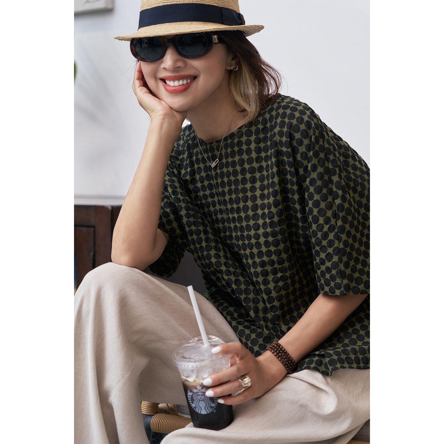 ise“Vintage fashion”100%棉波点圆领宽松休闲短袖小衫P2520033
