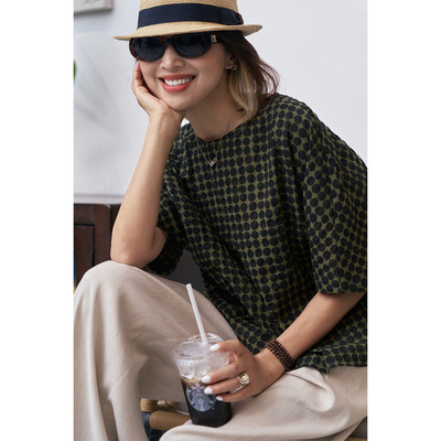 ise“Vintage fashion”100%棉波点圆领宽松休闲短袖小衫P2520033