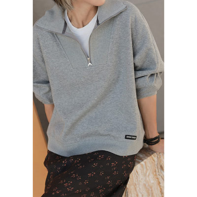 ise“线上专供”复古针织拉链翻领浅灰色卫衣外套D2531005