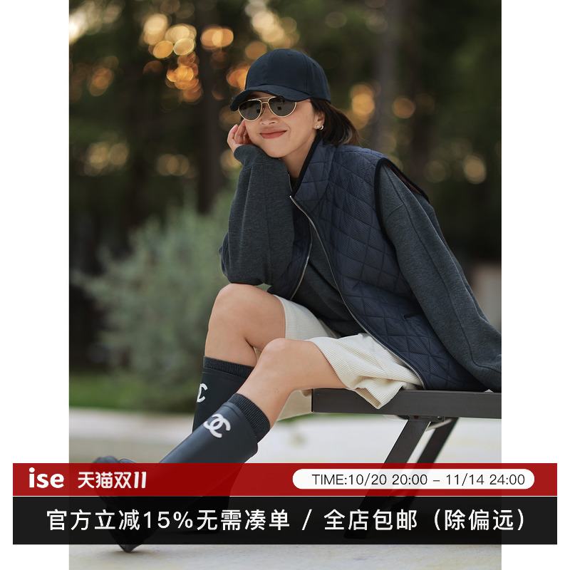 ise“coco自定义”小香风菱形格宽松廓形保暖背心马甲P2541107