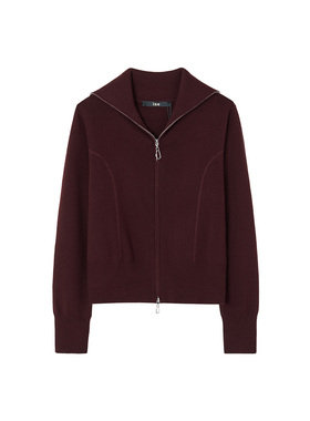 ise“老钱主义”翻领拉链绵羊毛酒红色针织毛衣K2540851W