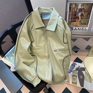 美式 ins潮宽松bf棒球服外套情侣 复古街头机车PU皮衣夹克男春秋款