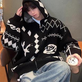 菱形格开衫毛衣男生成熟穿搭秋冬款外套潮牌高级感连帽卫衣针织衫