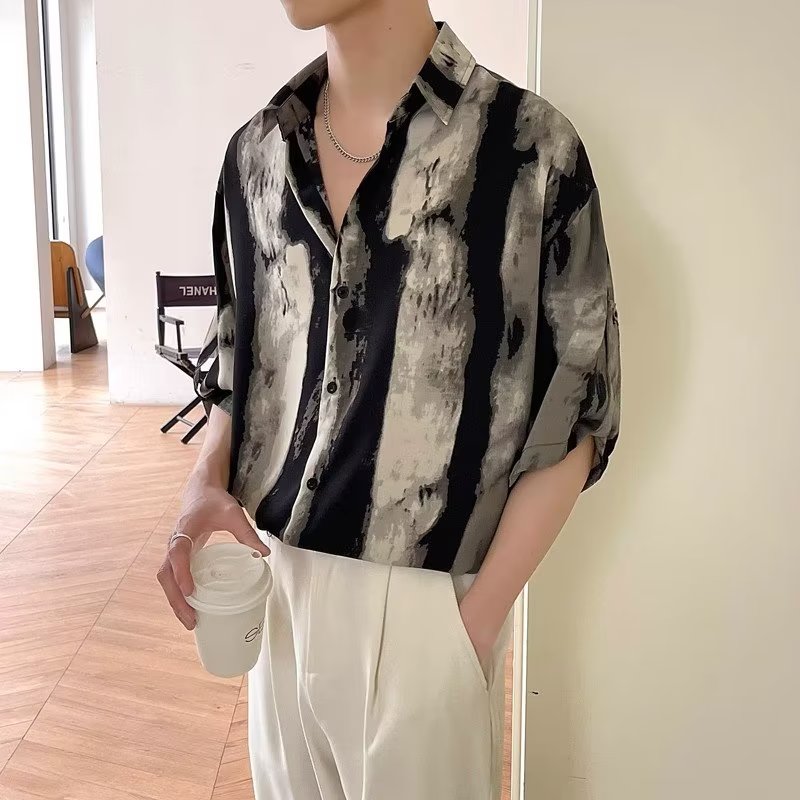 水墨扎染衬衫冰丝男士短袖t恤夏季2023新款潮牌发型师潮牌男装ins