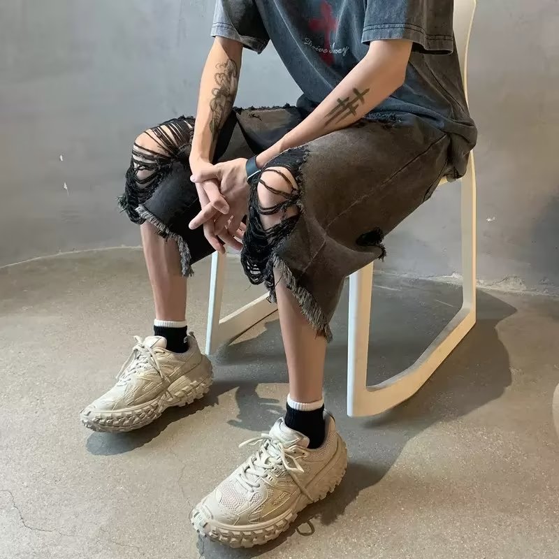 美式黑色牛仔短裤男款夏季薄款欧美高街潮牌毛边破洞七分裤男款潮