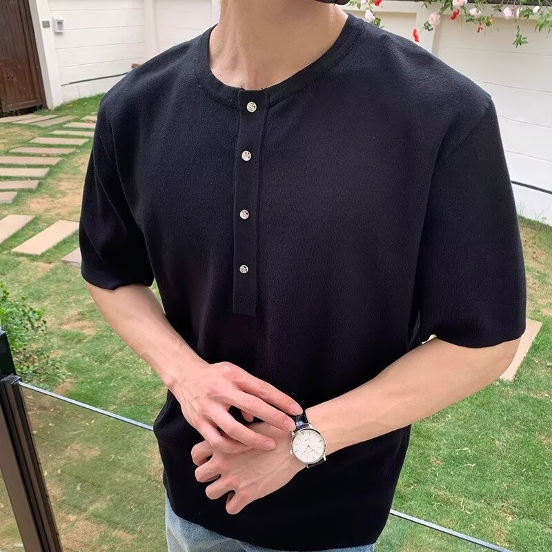 白色针织短袖亨利衫男夏季轻薄高级感冰丝半袖POLO衫潮牌男士T恤
