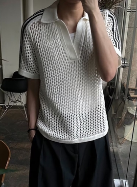 黑色网状镂空美式polo衫短袖男高级感痞帅cleanfit针织衫t恤男款