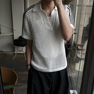 黑色网状镂空美式polo衫短袖男高级感痞帅cleanfit针织衫t恤男款