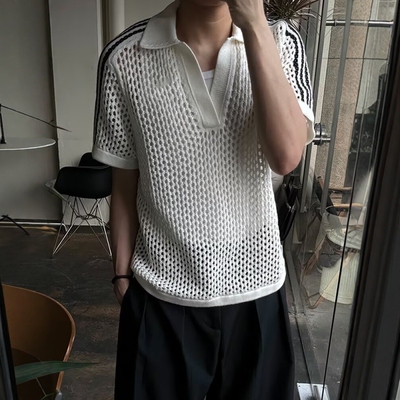 黑色网状镂空美式polo衫短袖男