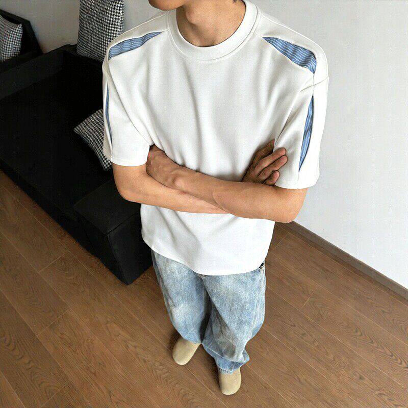 2026夏季新款潮牌设计感短袖T恤男宽松圆领白色拼接设计百搭上衣