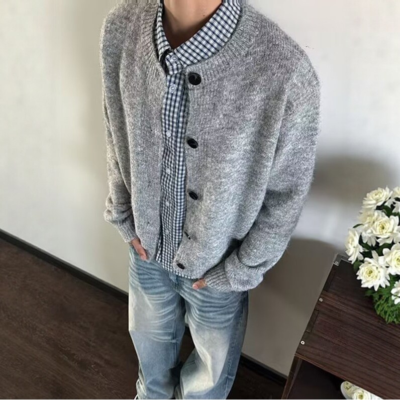灰色美式复古毛衣开衫男秋季慵懒风高级感针织衫cleanfit纽扣外套