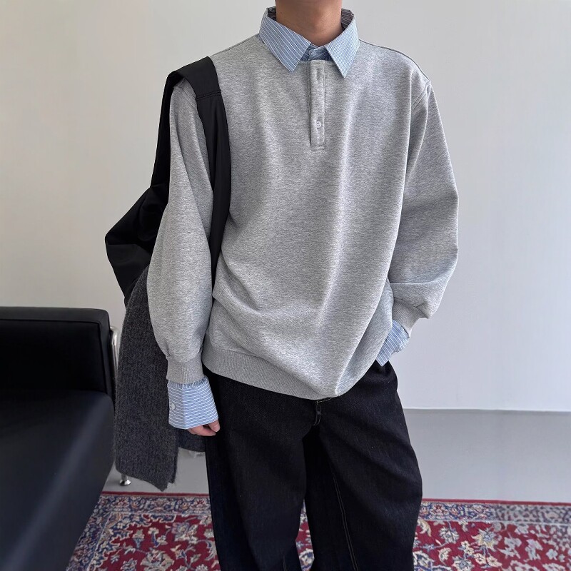 假两件衬衫领卫衣男春季韩系穿搭polo外套学院风亨利领长袖上衣服