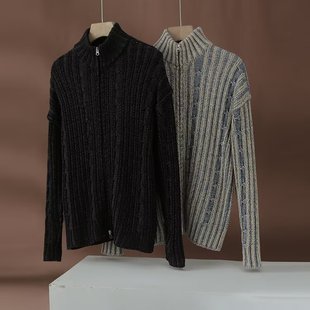 撞色毛衣美式厚版双拉链立领开衫毛衣秋冬潮牌宽松时尚线衫外套男