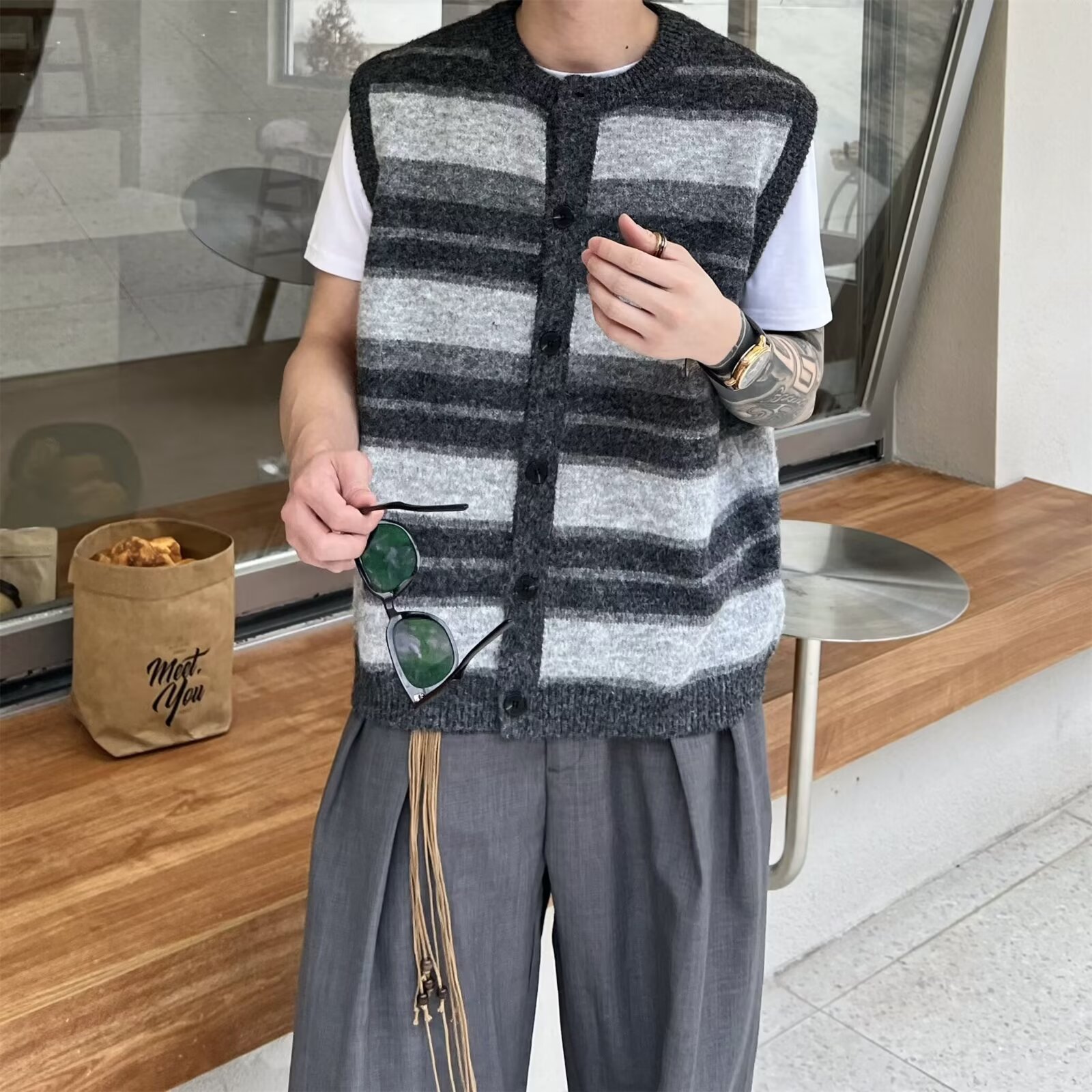 韩版撞色条纹毛衣马甲男女同款