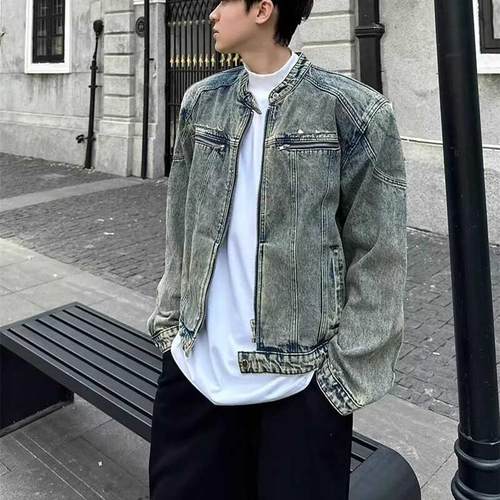 庞博文同款蓝色短款牛仔外套男