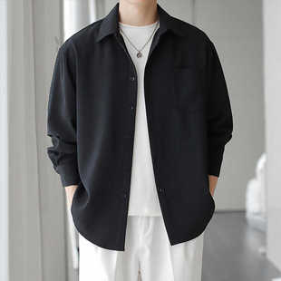 华夫格衬衫男生外套春秋薄款休闲百搭衬衣长袖白色高级感春装外衣