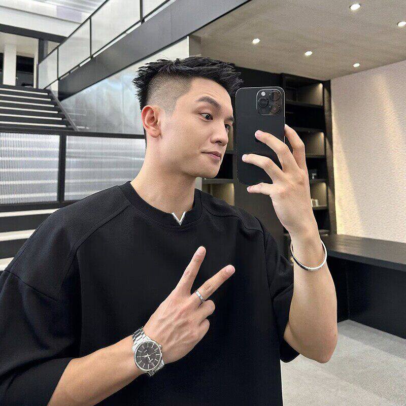 夏季高级感重磅纯色短袖男韩版设计感修身痞帅T恤衫潮牌半袖体恤