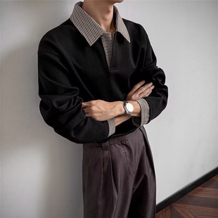 cleanfit千鸟格翻领卫衣男生早秋穿搭内搭上衣美式休闲长袖polo衫
