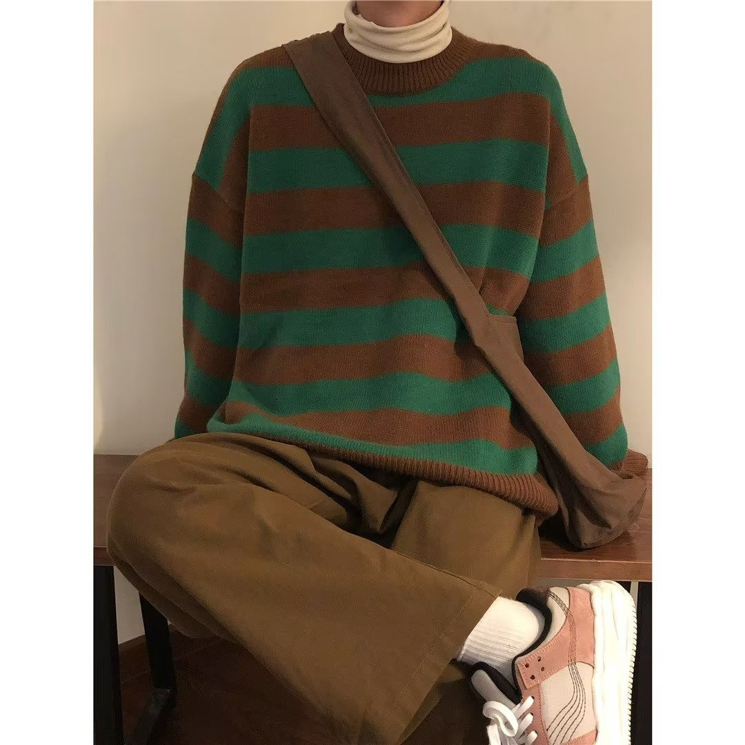 毛衣男春秋季日系复古外套设计感条纹通勤打底针织衫潮流宽松线衣