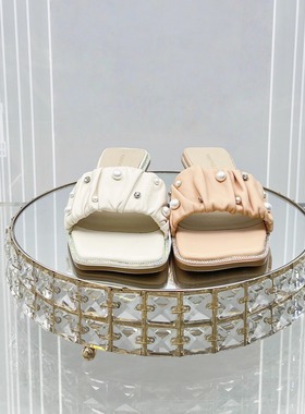 皇冠老店Roberta诺贝达女鞋RM225002夏款小跟珍珠水钻一字凉拖鞋