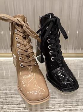 皇冠专柜正品Roberta诺贝达女鞋RA227530牛皮粗跟漆皮潮圆头韩版