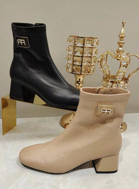 皇冠老店Roberta诺贝达22冬RA228813优雅方头水钻饰扣粗跟短靴