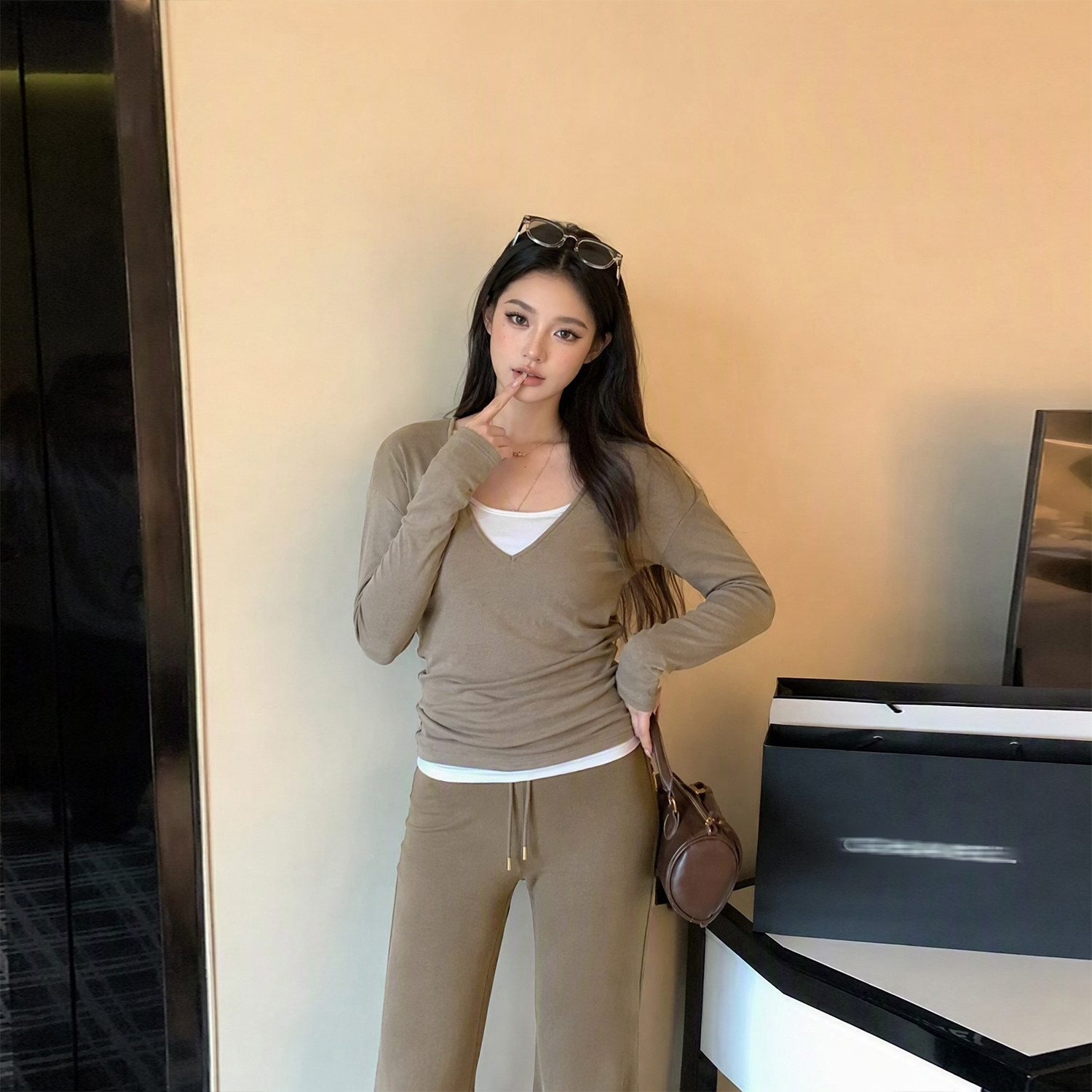 Tinglikes大码女装胖mm韩系慵懒风套装秋季修身V领长袖显瘦休闲裤