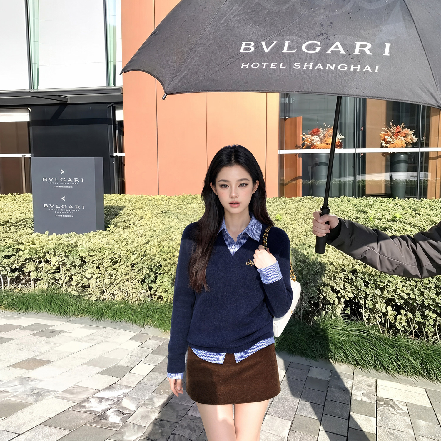Tinglikes大码女装胖mm 学院风假两件翻领针织衫深蓝色长袖毛衣