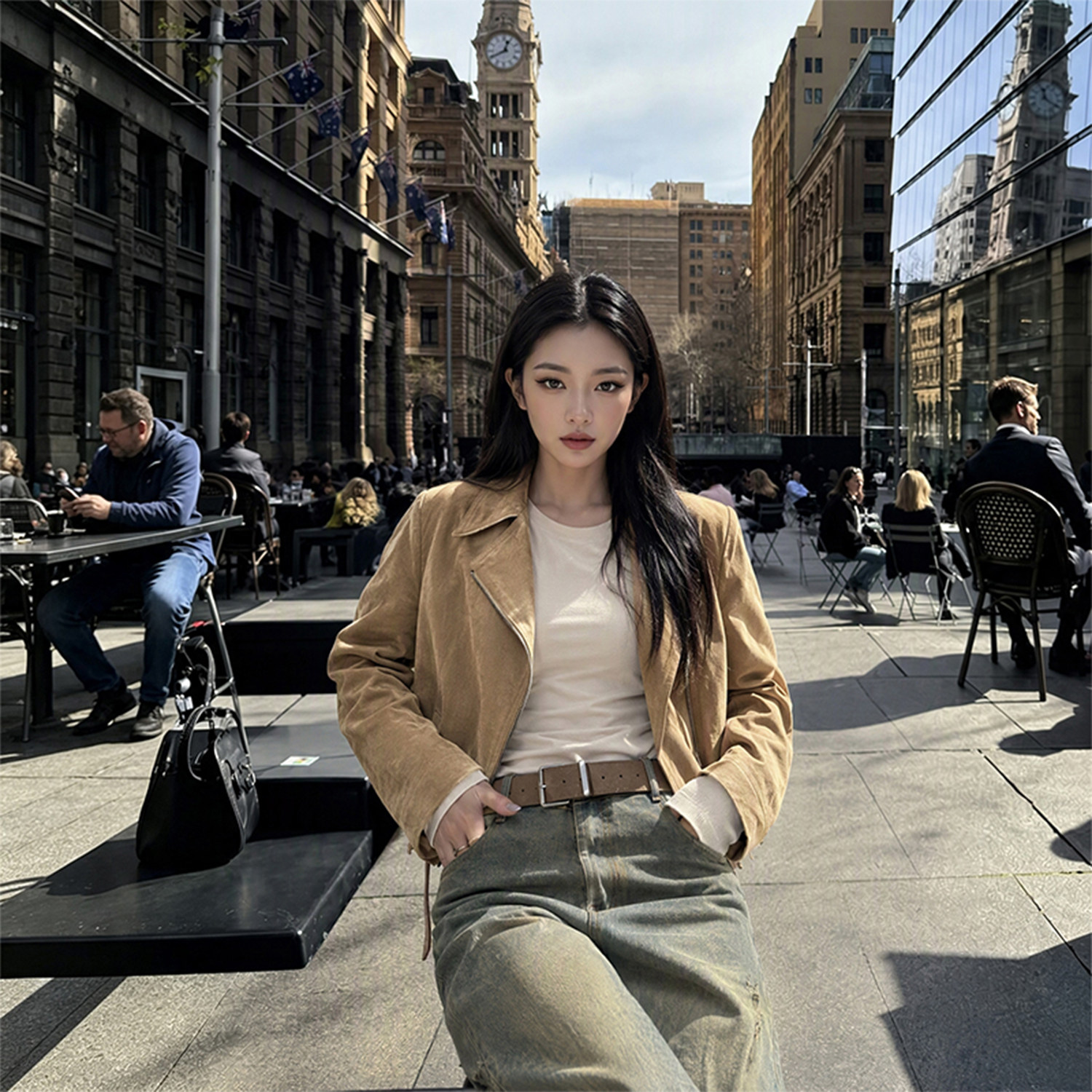 美拉德风短款外套复古做旧牛仔裤图片